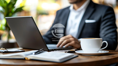 Businessman working with laptop and coffee cup on wooden table in cafeの素材