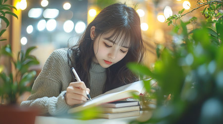 Beautiful asian woman writing on notebook in coffee shop, stock photoの素材