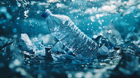 Plastic bottle with water splashes on dark blue background. Recycling conceptの素材