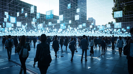 Silhouette of business people walking in city with digital screens. Technology and communication concept. 3D Renderingの素材