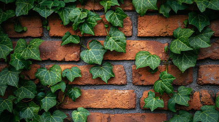 Green ivy on red brick wall texture background with copy space.の素材