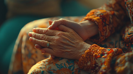 Elderly woman holding her hands together. Close-up of the hands of an elderly woman.の素材
