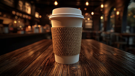 Coffee cup on a wooden table in a pub. 3d renderingの素材