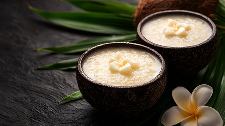 Coconut milk pudding in coconut shell on dark stone background.の素材