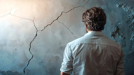 Young man in a white shirt standing near the wall and looking at the crack.の素材
