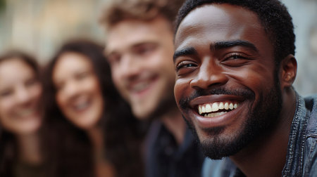 Closeup portrait of a group of smiling young people standing together outdoorsの素材