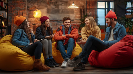 Group of young people sitting in beanbag chairs and using gadgets.の素材
