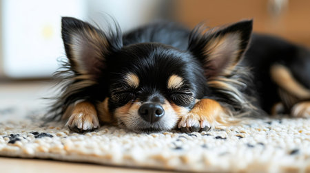 Cute chihuahua dog lying on the carpet at homeの素材