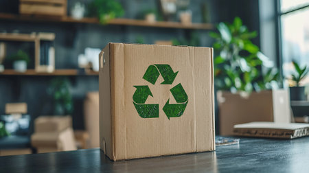 close up of cardboard box with recycle symbol on table in modern officeの素材