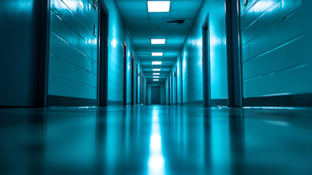 server room with blue light and long corridor in datacenter.の素材
