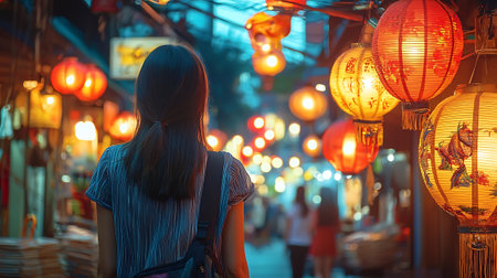Asian woman traveler walking in the street with lanterns at night.の素材