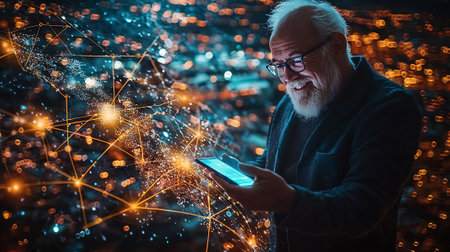 Portrait of senior man using tablet with network connection. Technology conceptの素材