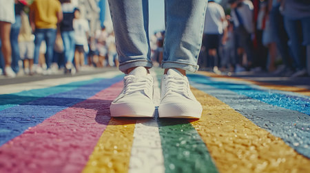 Feet of a young woman in white sneakers on a rainbow background.の素材