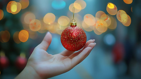 Woman's hand holding red christmas ball on bokeh backgroundの素材