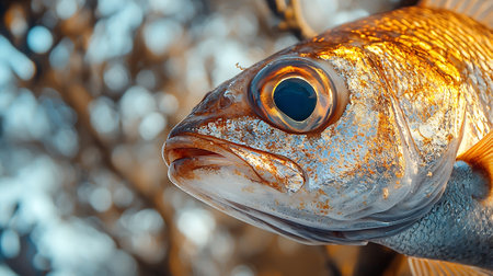 Close-up of a golden fish head on a fishing rod.の素材