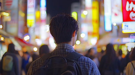 Unidentified man walking in Mongkok at night. Mongkok is a famous shopping street in Hong Kong.の素材