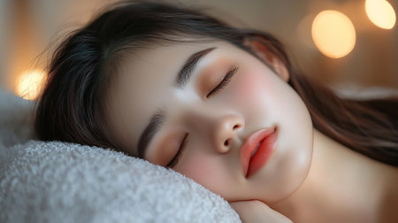 Portrait of beautiful asian woman sleeping on the bed in bedroomの素材