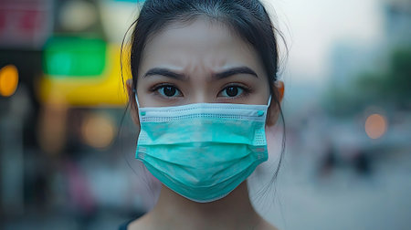 Asian woman wearing face mask to protect against Coronavirus (COVID-19)の素材