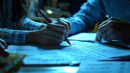 Close-up image of a young woman signing a contract at nightの素材
