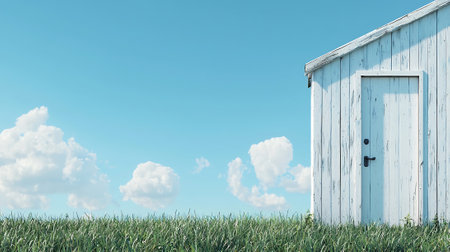 3d rendering of a white wooden door in a grassy fieldの素材