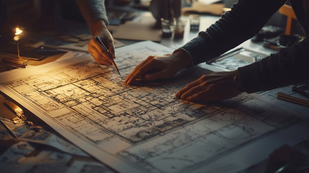 Architect working on blueprint at desk in office, close-upの素材