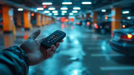 Hand holding remote control in underground parking garage with car on background.の素材