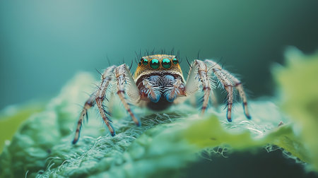 jumping spider on green leaf plant in nature or in the gardenの素材