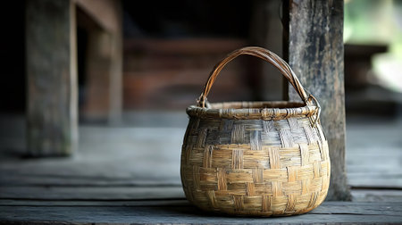 Wicker basket on old wooden table with natural background, Thailand.の素材