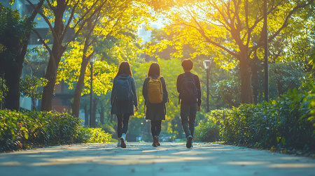 Back view of two girls walking in the park with backpacks.の素材