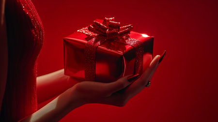 Close-up of female hands holding red gift box on red backgroundの素材