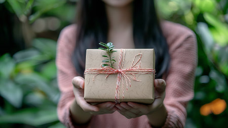 Woman holding a gift box in her hands. Christmas or birthday concept.の素材