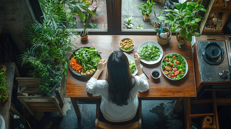Top view of a young woman sitting at the table and eating healthy salad.の素材