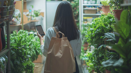 Young woman holding a shopping bag and using a smartphone in a flower shop.の素材