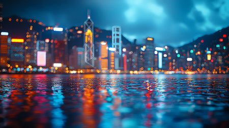 Night view of Hong Kong city skyline reflected in water, China.の素材