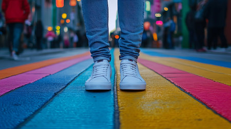 Low section of a young woman standing on a rainbow colored pedestrian crossingの素材