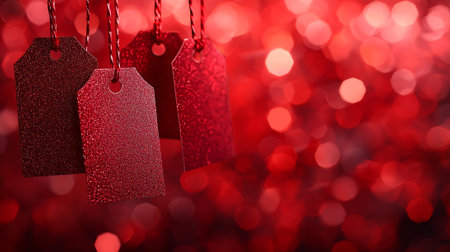 Christmas sale tags on red bokeh background with copy space.の素材
