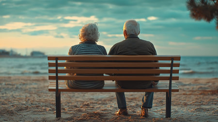 Elderly couple sitting on a bench on the beach at sunsetの素材