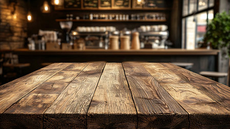 Empty wooden table for product placement or montage with bokeh background.の素材