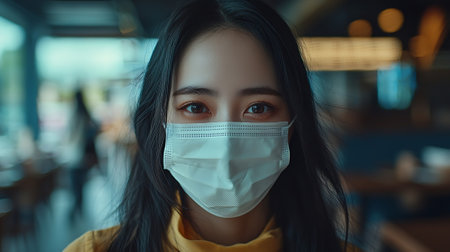 Close up portrait of asian woman wearing protective mask in cafe.の素材