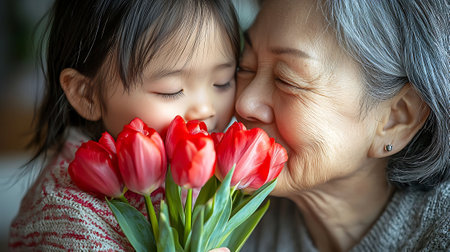 Asian grandmother and granddaughter with tulips at home. Happy family concept.の素材