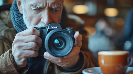 Portrait of senior man with camera in cafe. Focus on cameraの素材