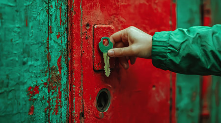 Woman's hand opens the door with a key in the old red doorの素材