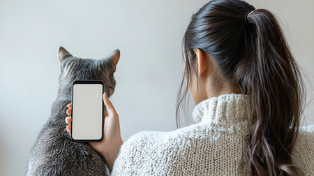 Woman holding smartphone with blank screen and cat on the wall background.の素材