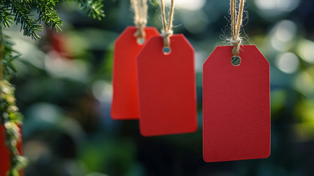 Blank red price tags hanging on tree with bokeh backgroundの素材