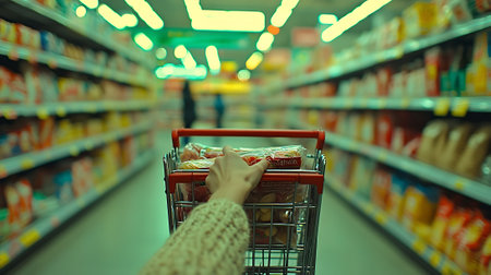 Close-up of a woman's hand pushing a shopping cart in a supermarketの素材