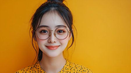 Portrait of a beautiful asian girl in glasses on a yellow background.の素材