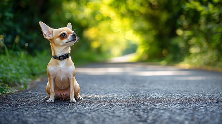 Chihuahua dog sitting on the road in the park.の素材