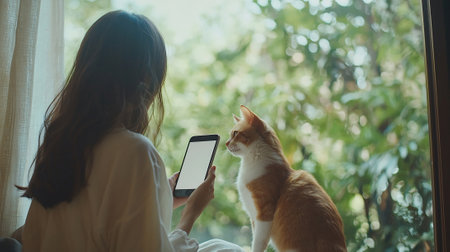 Young woman sitting on the windowsill with cat and using smartphone.の素材