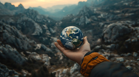 Hiker holding earth globe in hand on the background of mountains.の素材