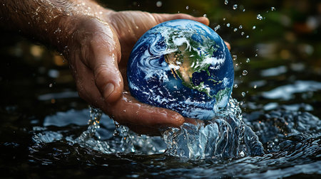 Closeup image of human hands holding Earth globe with water splashesの素材